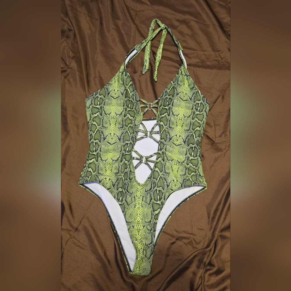 Green Snake Print Padded One Piece Swimsuit Lace Up Cutout Halter High Cut L